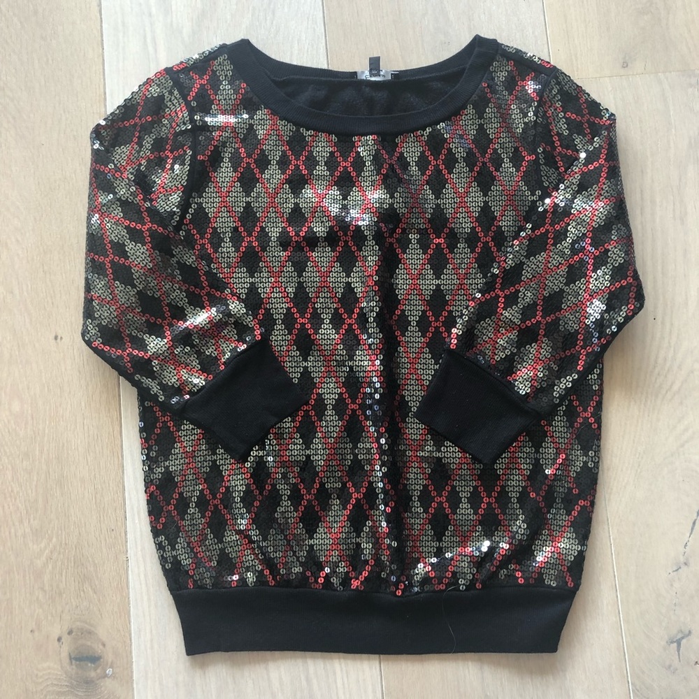 Express Sequins Top Black Red Silver Sz. S